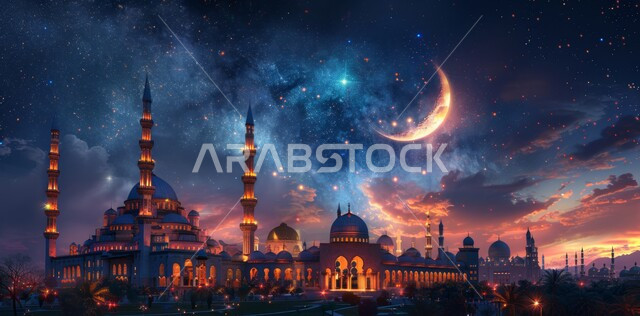 مفهوم العبادة والتقرب إلى الله تعالى، الاحتفال بقدوم شهر الخير، الأعياد و المناسبات الدينية الإسلامية، رسوم توضيحية ثلاثية الأبعاد لقبب ومآذن المساجد المضيئة ليلا، منظر هلال رمضان المبارك في السماء