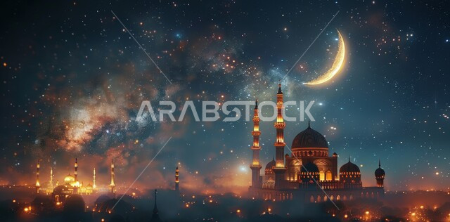 مفهوم العبادة والتقرب إلى الله تعالى، الاحتفال بقدوم شهر الخير، الأعياد و المناسبات الدينية الإسلامية، رسوم توضيحية ثلاثية الأبعاد لقبب ومآذن المساجد المضيئة ليلا، منظر هلال رمضان المبارك في السماء