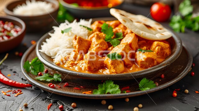 الأساليب الفنية في التقديم في مطاعم المملكة العربية السعودية, مأكولات شرقية تقليدية, وصفات الطعام السريعة و اللذيذة, الأطباق و الوجبات الشهية, صورة مقربة لطبق كاري الدجاج الهندي مع الأرز والنان