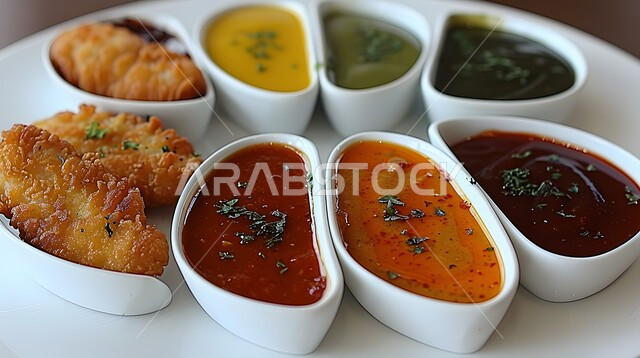 الأساليب الفنية في التقديم في مطاعم المملكة العربية السعودية, مأكولات شرقية تقليدية, وصفات الطعام السريعة و اللذيذة, الأطباق و الوجبات الشهية, صورة مقربة لتشكيلة من صلصات الغمس والأطعمة المقلية المقرمشة