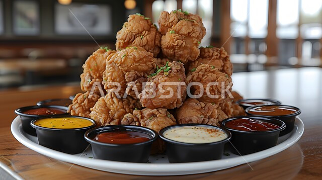 الأساليب الفنية في التقديم في مطاعم المملكة العربية السعودية, مأكولات شرقية تقليدية, وصفات الطعام السريعة و اللذيذة, الأطباق و الوجبات الشهية, صورة مقربة لطبق قطع دجاج مقرمشة مع صلصات الغمس