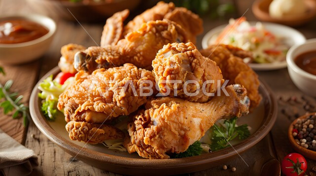 الأساليب الفنية في التقديم في مطاعم المملكة العربية السعودية, مأكولات شرقية تقليدية, وصفات الطعام السريعة و اللذيذة, الأطباق و الوجبات الشهية, صورة مقربة لطبق أفخاذ الدجاج المقلية المقرمشة