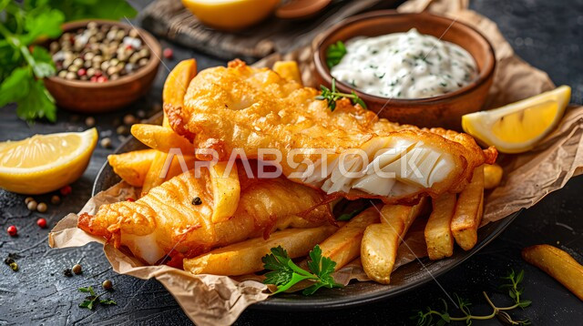 الأساليب الفنية في التقديم في مطاعم المملكة العربية السعودية, مأكولات شرقية تقليدية, وصفات الطعام السريعة و اللذيذة, الأطباق و الوجبات الشهية, صورة مقربة لطبق سمك وبطاطس ذهبية مع صلصة كريمة