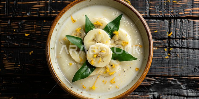 The art of presenting and arranging dishes, enjoying nutritious and beneficial snacks, delicious cold drinks and natural juices, healthy meals with high nutritional value, a bowl of refreshing mixture decorated with pieces of tropical fruits and oats, local Saudi crops and fruits