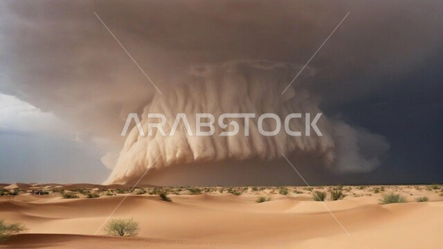 التشكيلات والتكوينات الرملية في المملكة العربية السعودية, منظر السماء الممتلئة بالغيوم الداكنة، الزوابع الغبارية القوية, أجواء وطقوس قاسية, غبار العاصفة الرملية في الصحراء, رياح ترابية في المناطق الصحراوية, الكثبان والرمال الذهبية الناعمة