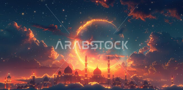 منظر هلال رمضان المبارك، الاحتفال بقدوم شهر الخير، الأجواء الروحانية الهادئة، رسوم توضيحية ثلاثية الأبعاد لقبب ومآذن المساجد وقت الغروب، مفهوم العبادة والتقرب إلى الله تعالى، الأعياد و المناسبات الدينية الإسلامية