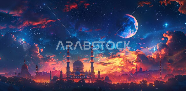 منظر هلال رمضان المبارك، الاحتفال بقدوم شهر الخير، الأجواء الروحانية الهادئة، رسوم توضيحية ثلاثية الأبعاد لقبب ومآذن المساجد وقت الغروب، مفهوم العبادة والتقرب إلى الله تعالى، الأعياد و المناسبات الدينية الإسلامية