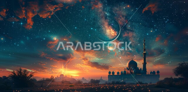 المناظر الطبيعية المتميزة، رسوم توضيحية ثلاثية الأبعاد لقبب ومآذن المساجد وقت الغروب، مفهوم العبادة والتقرب إلى الله تعالى في رمضان المبارك، الاحتفال بقدوم شهر الخير، الأعياد و المناسبات الدينية الإسلامية