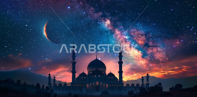 المناظر الطبيعية المتميزة، رسوم توضيحية ثلاثية الأبعاد لقبب ومآذن المساجد وقت الغروب، مفهوم العبادة والتقرب إلى الله تعالى في رمضان المبارك، الاحتفال بقدوم شهر الخير، الأعياد و المناسبات الدينية الإسلامية