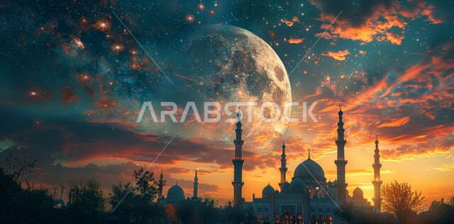 منظر هلال رمضان المبارك، الاحتفال بقدوم شهر الخير، الأجواء الروحانية الهادئة، رسوم توضيحية ثلاثية الأبعاد لقبب ومآذن المساجد وقت الغروب، مفهوم العبادة والتقرب إلى الله تعالى، الأعياد و المناسبات الدينية الإسلامية