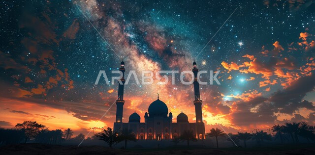 المناظر الطبيعية المتميزة، رسوم توضيحية ثلاثية الأبعاد لقبب ومآذن المساجد وقت الغروب، مفهوم العبادة والتقرب إلى الله تعالى في رمضان المبارك، الاحتفال بقدوم شهر الخير، الأعياد و المناسبات الدينية الإسلامية