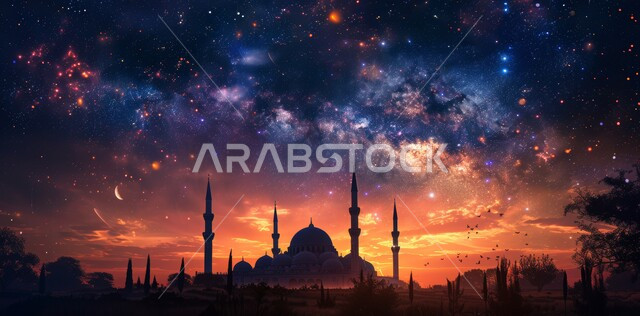 المناظر الطبيعية المتميزة، رسوم توضيحية ثلاثية الأبعاد لقبب ومآذن المساجد وقت الغروب، مفهوم العبادة والتقرب إلى الله تعالى في رمضان المبارك، الاحتفال بقدوم شهر الخير، الأعياد و المناسبات الدينية الإسلامية