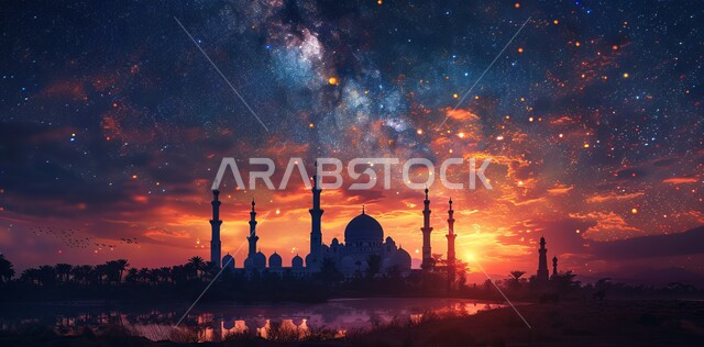 المناظر الطبيعية المتميزة، رسوم توضيحية ثلاثية الأبعاد لقبب ومآذن المساجد وقت الغروب، مفهوم العبادة والتقرب إلى الله تعالى في رمضان المبارك، الاحتفال بقدوم شهر الخير، الأعياد و المناسبات الدينية الإسلامية