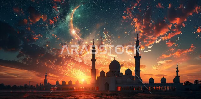المناظر الطبيعية المتميزة، رسوم توضيحية ثلاثية الأبعاد لقبب ومآذن المساجد وقت الغروب، مفهوم العبادة والتقرب إلى الله تعالى في رمضان المبارك، الاحتفال بقدوم شهر الخير، الأعياد و المناسبات الدينية الإسلامية