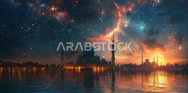 منظر هلال رمضان المبارك، الاحتفال بقدوم شهر الخير، الأجواء الروحانية الهادئة، رسوم توضيحية ثلاثية الأبعاد لقبب ومآذن المساجد وقت الغروب، مفهوم العبادة والتقرب إلى الله تعالى، الأعياد و المناسبات الدينية الإسلامية