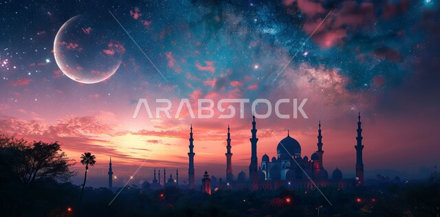 رسوم توضيحية ثلاثية الأبعاد لقبب ومآذن المساجد المضيئة ليلا، منظر هلال رمضان المبارك في السماء، مفهوم العبادة والتقرب إلى الله تعالى، الاحتفال بقدوم شهر الخير، الأعياد و المناسبات الدينية الإسلامية