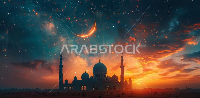 منظر هلال رمضان المبارك، الاحتفال بقدوم شهر الخير، الأجواء الروحانية الهادئة، رسوم توضيحية ثلاثية الأبعاد لقبب ومآذن المساجد وقت الغروب، مفهوم العبادة والتقرب إلى الله تعالى، الأعياد و المناسبات الدينية الإسلامية