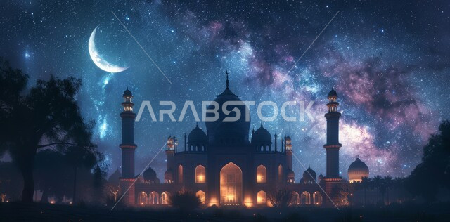 رسوم توضيحية ثلاثية الأبعاد لقبب ومآذن المساجد المضيئة ليلا، منظر هلال رمضان المبارك في السماء، مفهوم العبادة والتقرب إلى الله تعالى، الاحتفال بقدوم شهر الخير، الأعياد و المناسبات الدينية الإسلامية