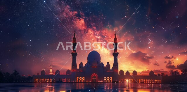 المناظر الطبيعية المتميزة، رسوم توضيحية ثلاثية الأبعاد لقبب ومآذن المساجد وقت الغروب، مفهوم العبادة والتقرب إلى الله تعالى في رمضان المبارك، الاحتفال بقدوم شهر الخير، الأعياد و المناسبات الدينية الإسلامية