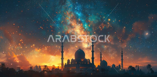 المناظر الطبيعية المتميزة، رسوم توضيحية ثلاثية الأبعاد لقبب ومآذن المساجد وقت الغروب، مفهوم العبادة والتقرب إلى الله تعالى في رمضان المبارك، الاحتفال بقدوم شهر الخير، الأعياد و المناسبات الدينية الإسلامية