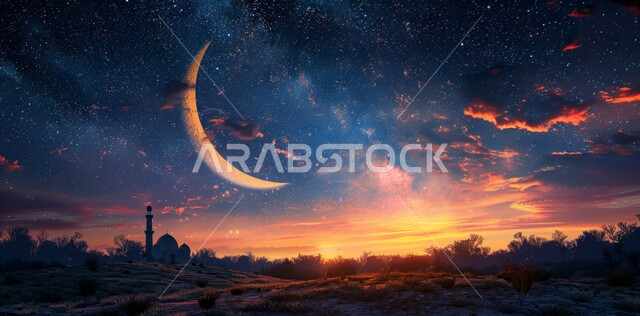 منظر هلال رمضان المبارك، الاحتفال بقدوم شهر الخير، الأجواء الروحانية الهادئة، رسوم توضيحية ثلاثية الأبعاد لقبب ومآذن المساجد والمناظر الطبيعية وقت الغروب، مفهوم العبادة والتقرب إلى الله تعالى، الأعياد و المناسبات الدينية الإسلامية