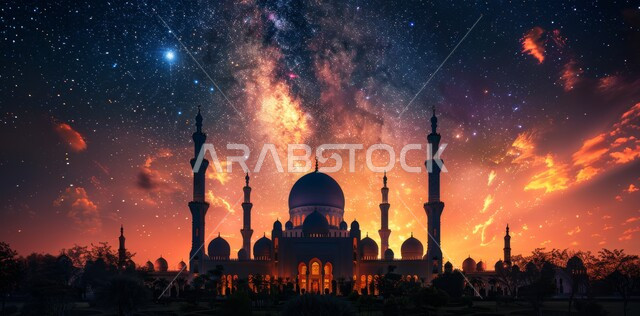 المناظر الطبيعية المتميزة، رسوم توضيحية ثلاثية الأبعاد لقبب ومآذن المساجد وقت الغروب، مفهوم العبادة والتقرب إلى الله تعالى في رمضان المبارك، الاحتفال بقدوم شهر الخير، الأعياد و المناسبات الدينية الإسلامية