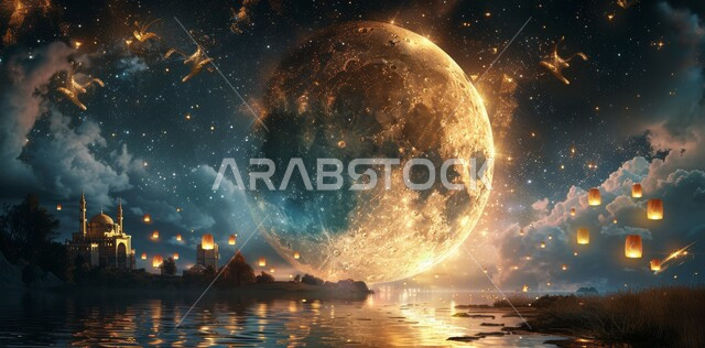رسوم توضيحية ثلاثية الأبعاد لقبب ومآذن المساجد المضيئة ليلا، منظر القمر بدر مكتمل في السماء، مفهوم العبادة والتقرب إلى الله تعالى في رمضان المبارك، الاحتفال بقدوم شهر الخير، الأعياد و المناسبات الدينية الإسلامية