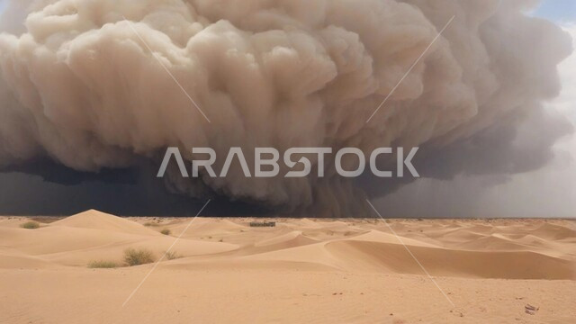 منظر السماء الممتلئة بالغيوم الداكنة، التشكيلات والتكوينات الرملية في المملكة العربية السعودية, الزوابع الغبارية القوية, أجواء وطقوس قاسية, غبار العاصفة الرملية في الصحراء, رياح ترابية في المناطق الصحراوية, الكثبان والرمال الذهبية الناعمة