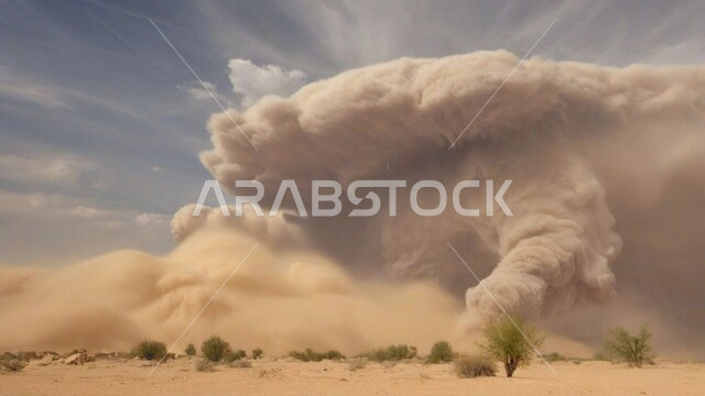 منظر السماء الممتلئة بالغيوم الداكنة، التشكيلات والتكوينات الرملية في المملكة العربية السعودية, الزوابع الغبارية القوية, أجواء وطقوس قاسية, غبار العاصفة الرملية في الصحراء, رياح ترابية في المناطق الصحراوية, الكثبان والرمال الذهبية الناعمة