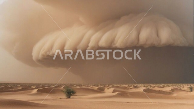 أجواء وطقوس قاسية, غبار العاصفة الرملية في الصحراء, منظر السماء الممتلئة بالغيوم الداكنة، التشكيلات والتكوينات الرملية في المملكة العربية السعودية, الزوابع الغبارية القوية, رياح ترابية في المناطق الصحراوية, الكثبان والرمال الذهبية الناعمة