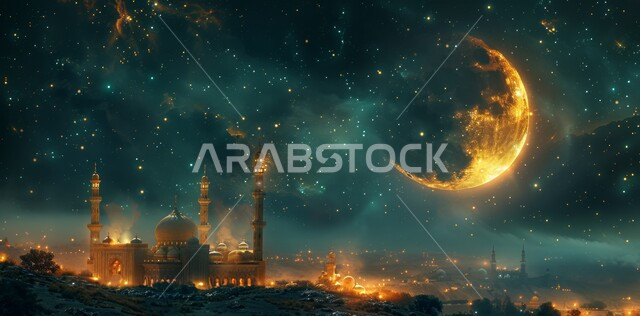 منظر هلال رمضان المبارك في السماء، مفهوم العبادة والتقرب إلى الله تعالى، الاحتفال بقدوم شهر الخير، الأعياد و المناسبات الدينية الإسلامية، رسوم توضيحية ثلاثية الأبعاد لقبب ومآذن المساجد المضيئة ليلا