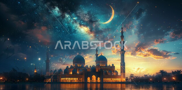 منظر هلال رمضان المبارك في السماء، مفهوم العبادة والتقرب إلى الله تعالى، الاحتفال بقدوم شهر الخير، الأعياد و المناسبات الدينية الإسلامية، رسوم توضيحية ثلاثية الأبعاد لقبب ومآذن المساجد المضيئة ليلا