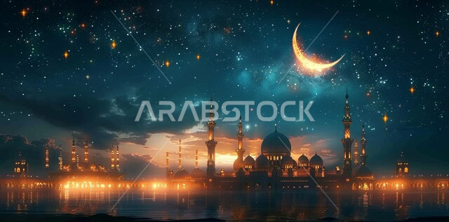 منظر هلال رمضان المبارك في السماء، مفهوم العبادة والتقرب إلى الله تعالى، الاحتفال بقدوم شهر الخير، الأعياد و المناسبات الدينية الإسلامية، رسوم توضيحية ثلاثية الأبعاد لقبب ومآذن المساجد المضيئة ليلا