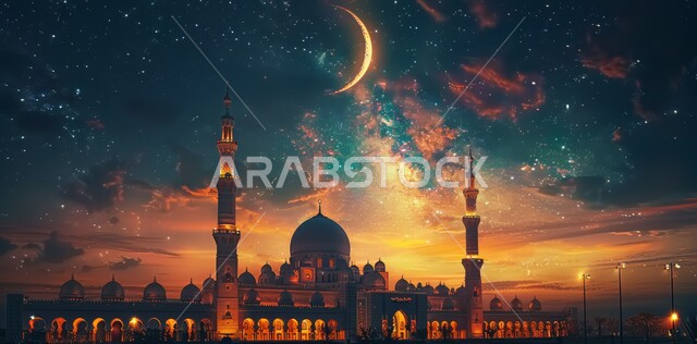 منظر هلال رمضان المبارك في السماء، مفهوم العبادة والتقرب إلى الله تعالى، الاحتفال بقدوم شهر الخير، الأعياد و المناسبات الدينية الإسلامية، رسوم توضيحية ثلاثية الأبعاد لقبب ومآذن المساجد المضيئة ليلا