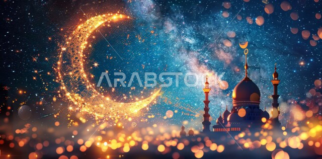 قبب ومآذن المساجد المضيئة ليلا، الاحتفال بقدوم شهر الخير، الأجواء الروحانية الهادئة، رسوم توضيحية ثلاثية الأبعاد لهلال رمضان المبارك باللون الذهبي، مفهوم العبادة والتقرب إلى الله تعالى، الأعياد و المناسبات الدينية الإسلامية