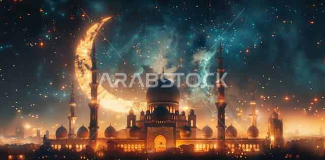 منظر هلال رمضان المبارك في السماء، مفهوم العبادة والتقرب إلى الله تعالى، الاحتفال بقدوم شهر الخير، الأعياد و المناسبات الدينية الإسلامية، رسوم توضيحية ثلاثية الأبعاد لقبب ومآذن المساجد المضيئة ليلا