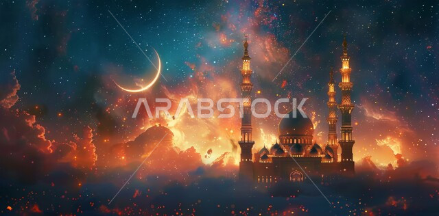 منظر هلال رمضان المبارك في السماء، مفهوم العبادة والتقرب إلى الله تعالى، الاحتفال بقدوم شهر الخير، الأعياد و المناسبات الدينية الإسلامية، رسوم توضيحية ثلاثية الأبعاد لقبب ومآذن المساجد المضيئة ليلا