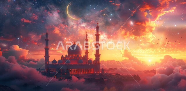 الاحتفال بقدوم شهر الخير، المناظر الطبيعية المتميزة، رسوم توضيحية ثلاثية الأبعاد لقبب ومآذن المساجد وقت الغروب، مفهوم العبادة والتقرب إلى الله تعالى في رمضان المبارك، الأعياد و المناسبات الدينية الإسلامية