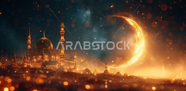 قبب ومآذن المساجد المضيئة ليلا، الاحتفال بقدوم شهر الخير، الأجواء الروحانية الهادئة، رسوم توضيحية ثلاثية الأبعاد لهلال رمضان المبارك باللون الذهبي، مفهوم العبادة والتقرب إلى الله تعالى، الأعياد و المناسبات الدينية الإسلامية