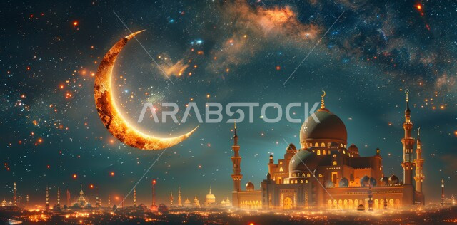 منظر هلال رمضان المبارك في السماء، مفهوم العبادة والتقرب إلى الله تعالى، الاحتفال بقدوم شهر الخير، الأعياد و المناسبات الدينية الإسلامية، رسوم توضيحية ثلاثية الأبعاد لقبب ومآذن المساجد المضيئة ليلا