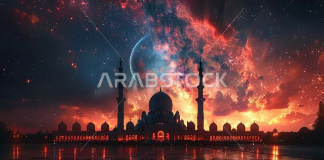 الاحتفال بقدوم شهر الخير، المناظر الطبيعية المتميزة، رسوم توضيحية ثلاثية الأبعاد لقبب ومآذن المساجد وقت الغروب، مفهوم العبادة والتقرب إلى الله تعالى في رمضان المبارك، الأعياد و المناسبات الدينية الإسلامية