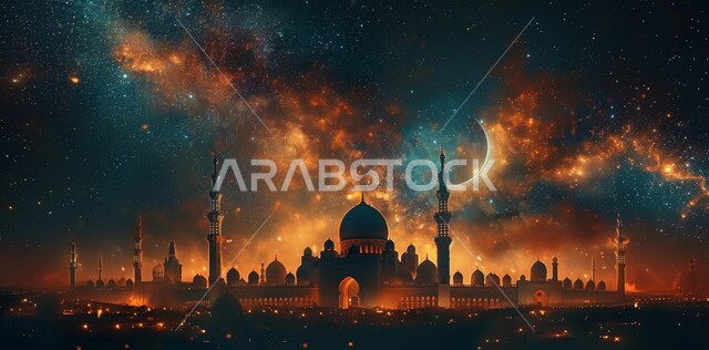 منظر هلال رمضان المبارك في السماء، مفهوم العبادة والتقرب إلى الله تعالى، الاحتفال بقدوم شهر الخير، الأعياد و المناسبات الدينية الإسلامية، رسوم توضيحية ثلاثية الأبعاد لقبب ومآذن المساجد المضيئة ليلا