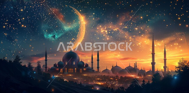 منظر هلال رمضان المبارك في السماء، مفهوم العبادة والتقرب إلى الله تعالى، الاحتفال بقدوم شهر الخير، الأعياد و المناسبات الدينية الإسلامية، رسوم توضيحية ثلاثية الأبعاد لقبب ومآذن المساجد المضيئة ليلا