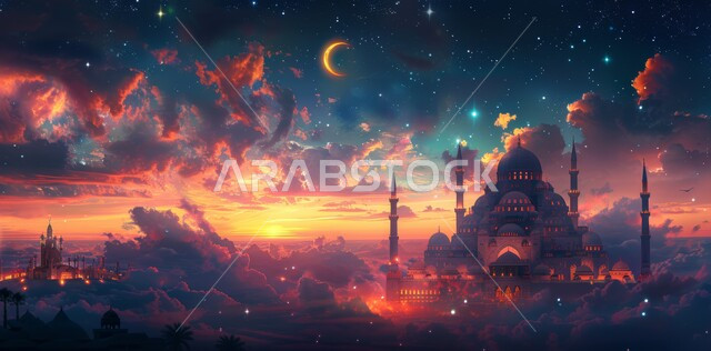 View of the crescent moon of the blessed month of Ramadan, celebrating the arrival of the month of goodness, calm spiritual atmosphere, 3D illustrations of mosque domes and minarets at sunset, the concept of worship and drawing closer to God Almighty, Islamic religious holidays and occasions