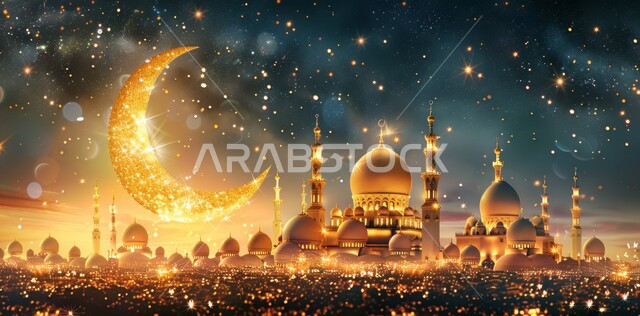 قبب ومآذن المساجد المضيئة ليلا، الاحتفال بقدوم شهر الخير، الأجواء الروحانية الهادئة، رسوم توضيحية ثلاثية الأبعاد لهلال رمضان المبارك باللون الذهبي، مفهوم العبادة والتقرب إلى الله تعالى، الأعياد و المناسبات الدينية الإسلامية