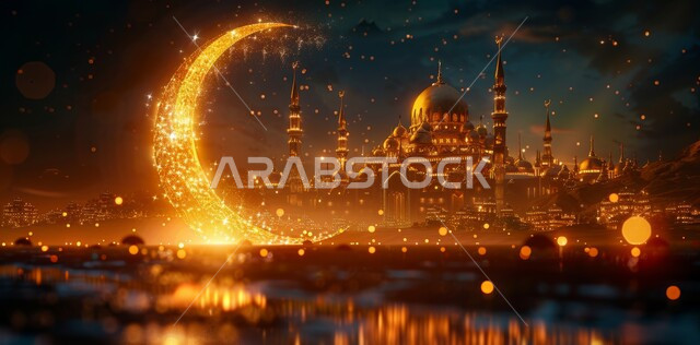 قبب ومآذن المساجد المضيئة ليلا، الاحتفال بقدوم شهر الخير، الأجواء الروحانية الهادئة، رسوم توضيحية ثلاثية الأبعاد لهلال رمضان المبارك باللون الذهبي، مفهوم العبادة والتقرب إلى الله تعالى، الأعياد و المناسبات الدينية الإسلامية