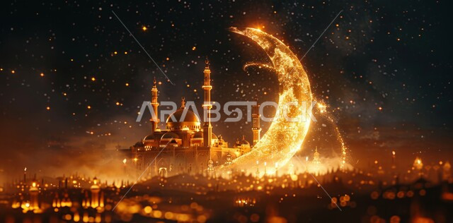 قبب ومآذن المساجد المضيئة ليلا، الاحتفال بقدوم شهر الخير، الأجواء الروحانية الهادئة، رسوم توضيحية ثلاثية الأبعاد لهلال رمضان المبارك باللون الذهبي، مفهوم العبادة والتقرب إلى الله تعالى، الأعياد و المناسبات الدينية الإسلامية