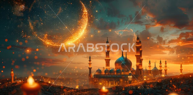 3D illustrations of illuminated mosque domes and minarets at night, view of the crescent moon of the holy month of Ramadan in the sky, the concept of worship and drawing closer to God Almighty, celebrating the arrival of the month of goodness, Islamic religious holidays and occasions