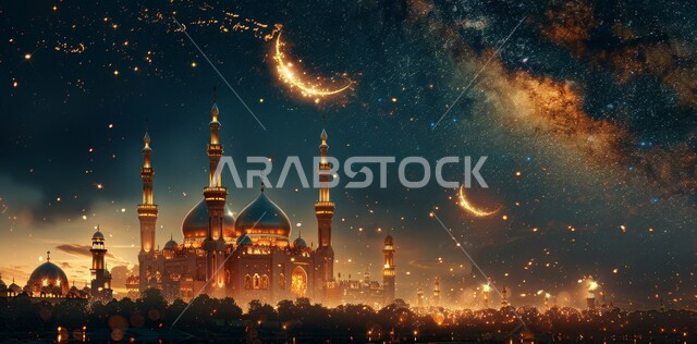 رسوم توضيحية ثلاثية الأبعاد لقبب ومآذن المساجد المضيئة ليلا، منظر هلال رمضان المبارك في السماء، مفهوم العبادة والتقرب إلى الله تعالى، الاحتفال بقدوم شهر الخير، الأعياد و المناسبات الدينية الإسلامية