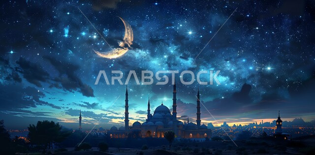 رسوم توضيحية ثلاثية الأبعاد لقبب ومآذن المساجد المضيئة ليلا، منظر هلال رمضان المبارك في السماء، مفهوم العبادة والتقرب إلى الله تعالى، الاحتفال بقدوم شهر الخير، الأعياد و المناسبات الدينية الإسلامية
